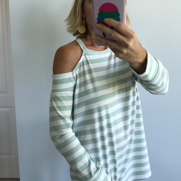 Mint Green & White Striped Cold Shoulder Top - Picture 5 of 7